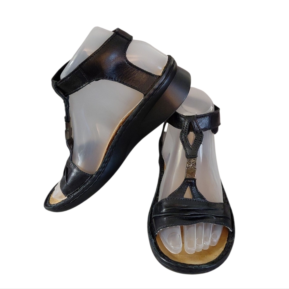 Naot Black Leather T-Strap Wedge Sandals